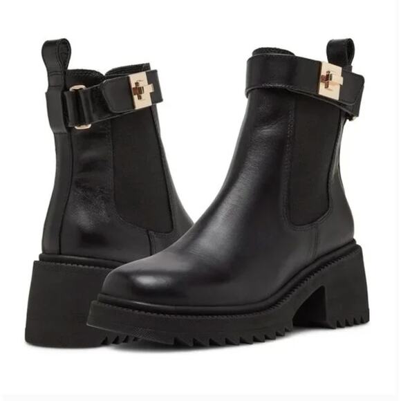 Steve Madden Gates Boots 8.5 Black NWOT Leather Buckle Chelsea Booties Lug - Picture 1 of 10